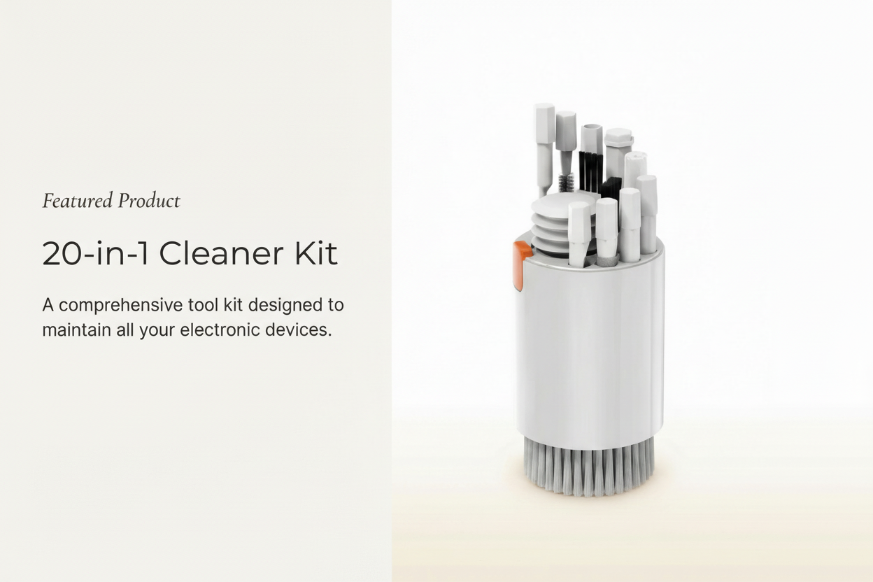 20-in-1 Cleaner Kit with various tools in a cylindrical holder on a light background
