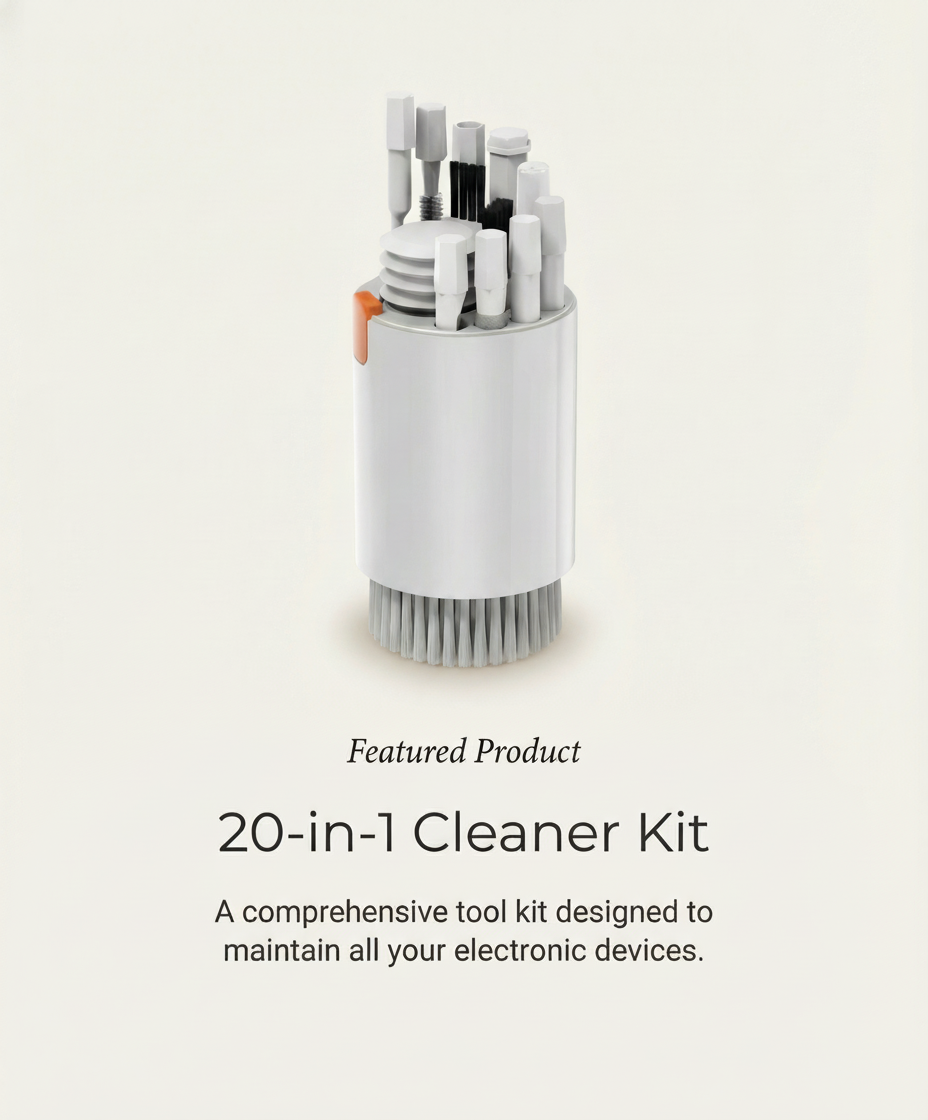 20-in-1 Cleaner Kit with various cleaning tools in a cylindrical holder on a light gray background.