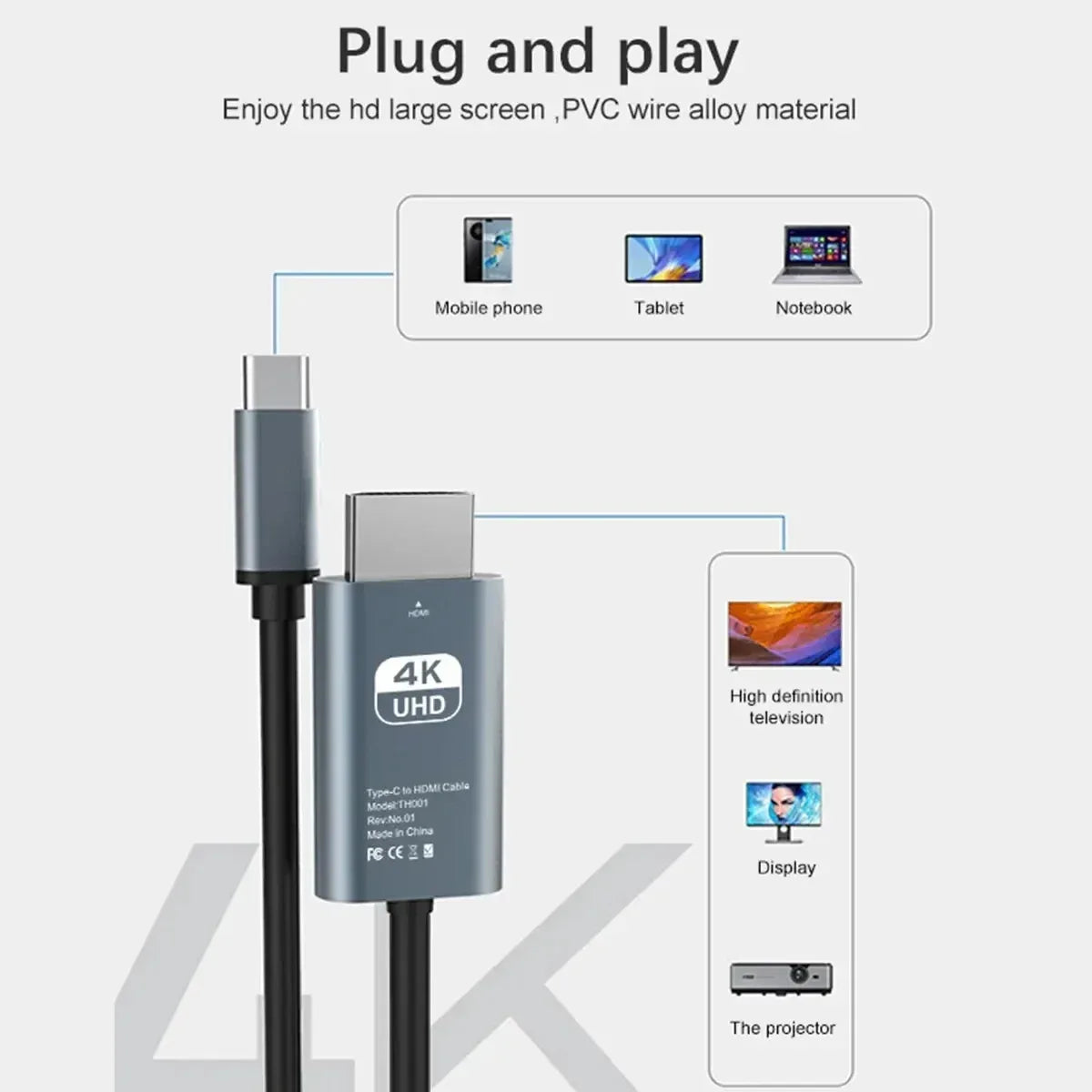 4K USB-C to HDMI Cable 2m (60Hz) - SteadyBuy