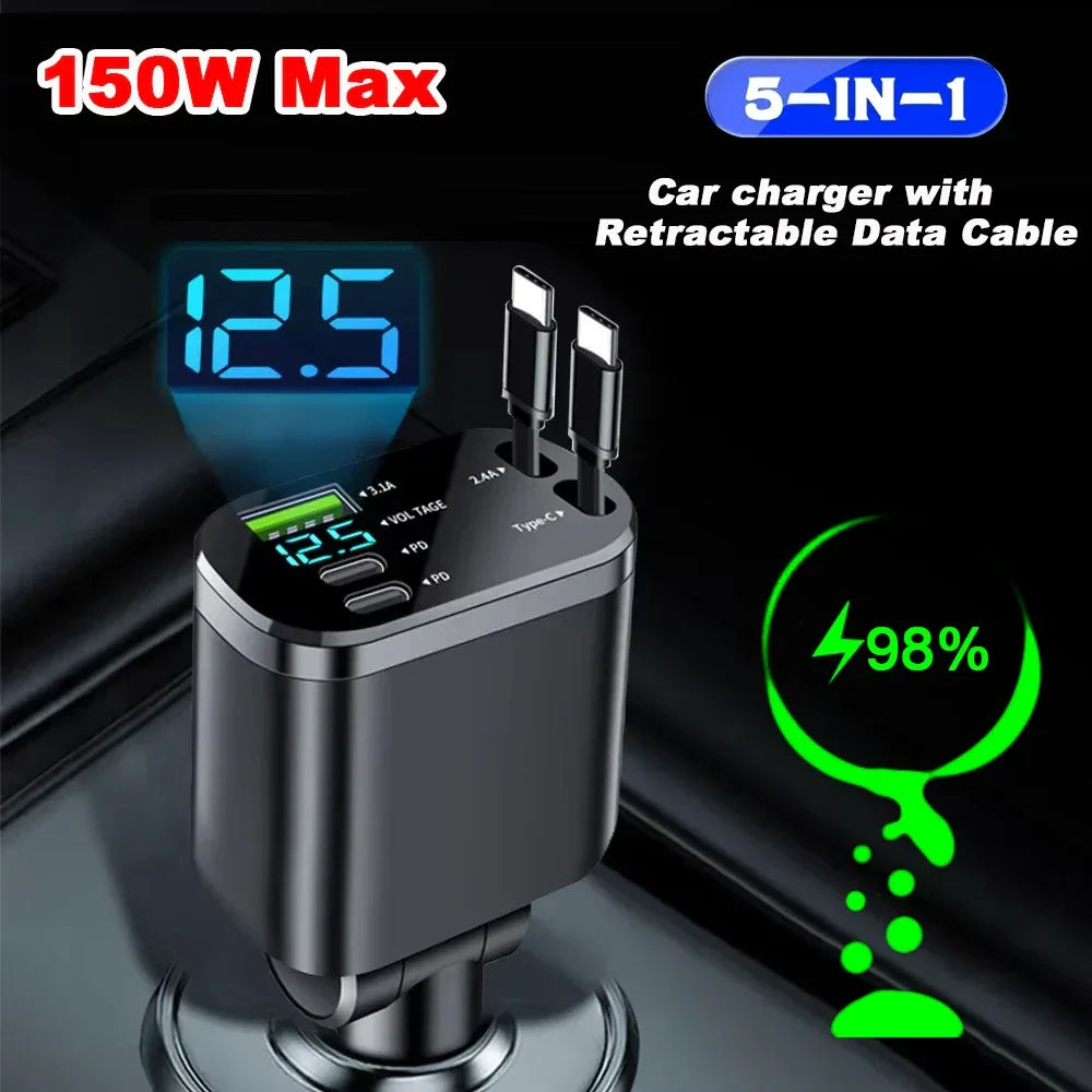 5-in-1 Retractable Car Charger with USB-C PD - SteadyBuy