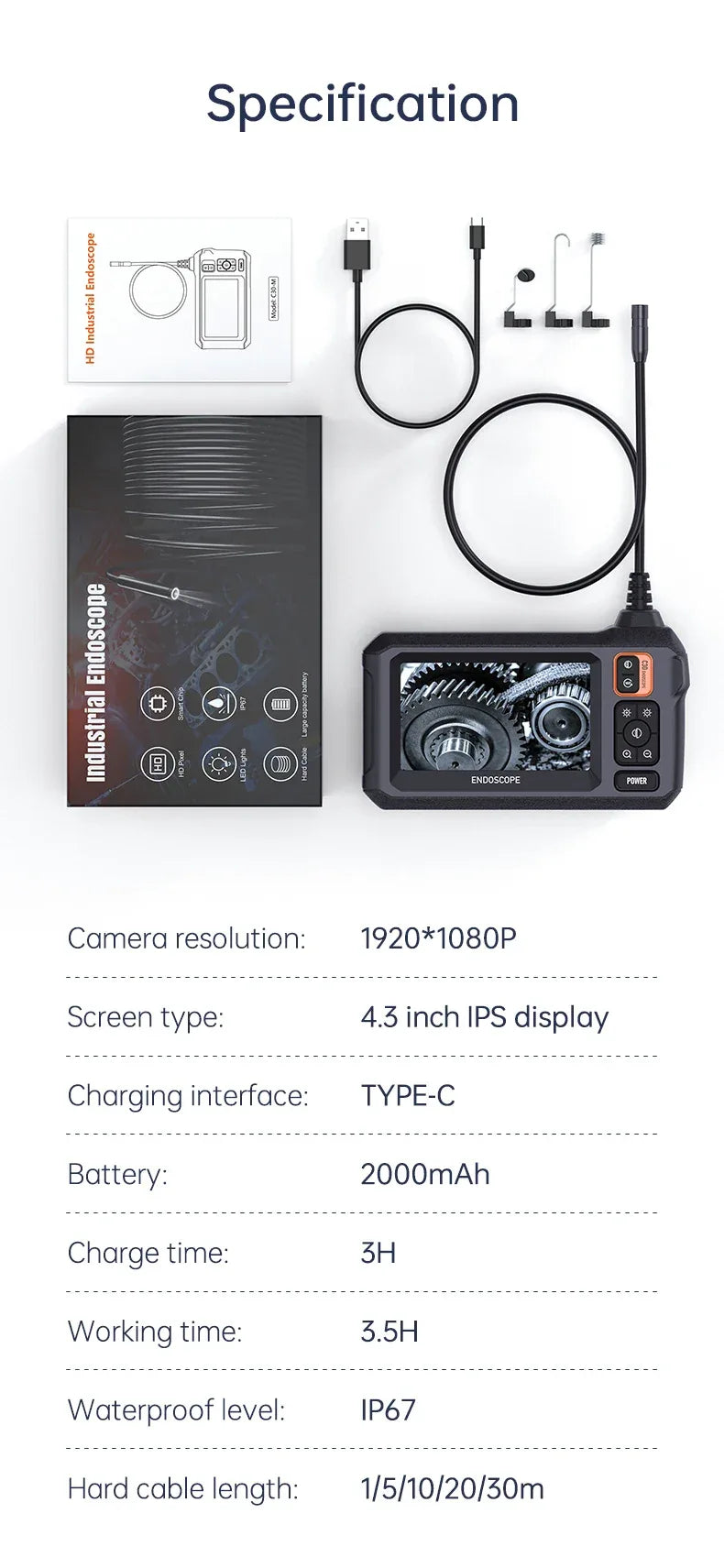 1080P Industrial Endoscope Camera with 4.3" Screen - SteadyBuy