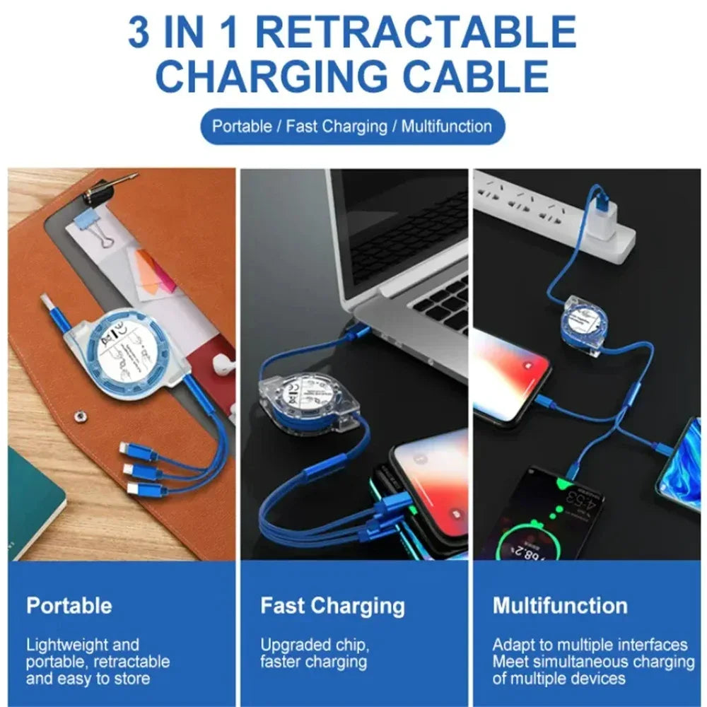 3-in-1 Retractable Fast Charging USB Cable (1m) - SteadyBuy