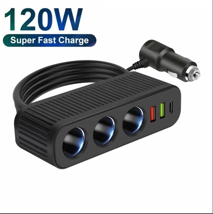 120W Car Charger Socket Splitter (3-in-1, USB-C + 12V Ports) - SteadyBuy