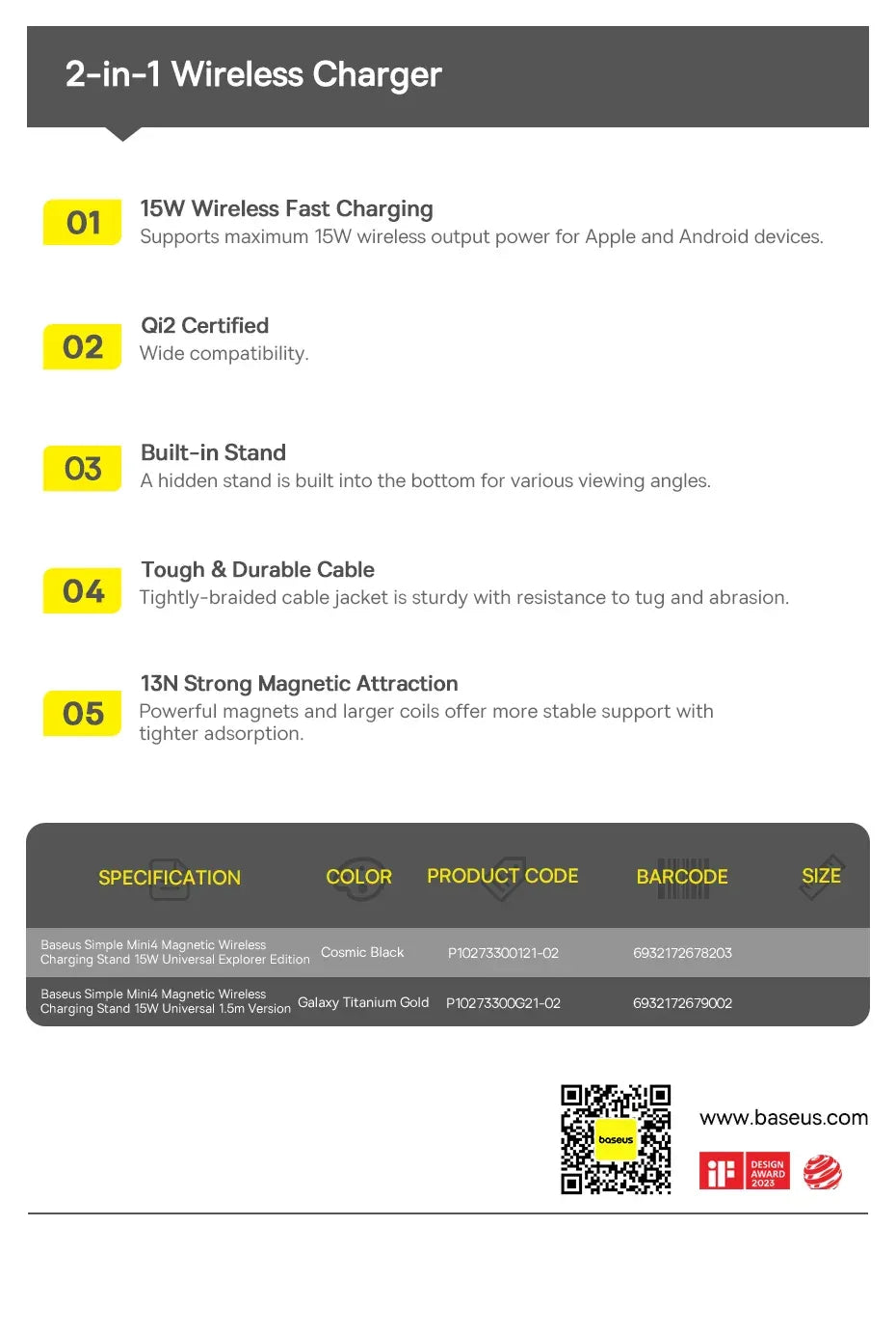 Baseus 15W Qi2 Magnetic Wireless Charger with Stand - SteadyBuy