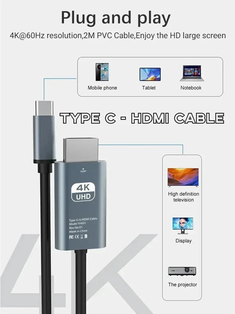 4K USB-C to HDMI Cable 2m (60Hz) - SteadyBuy