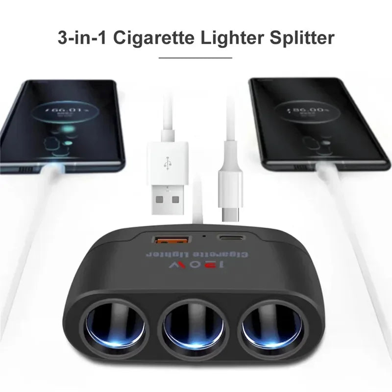 120W Car Charger Socket Splitter (3-in-1, USB-C + 12V Ports) - SteadyBuy