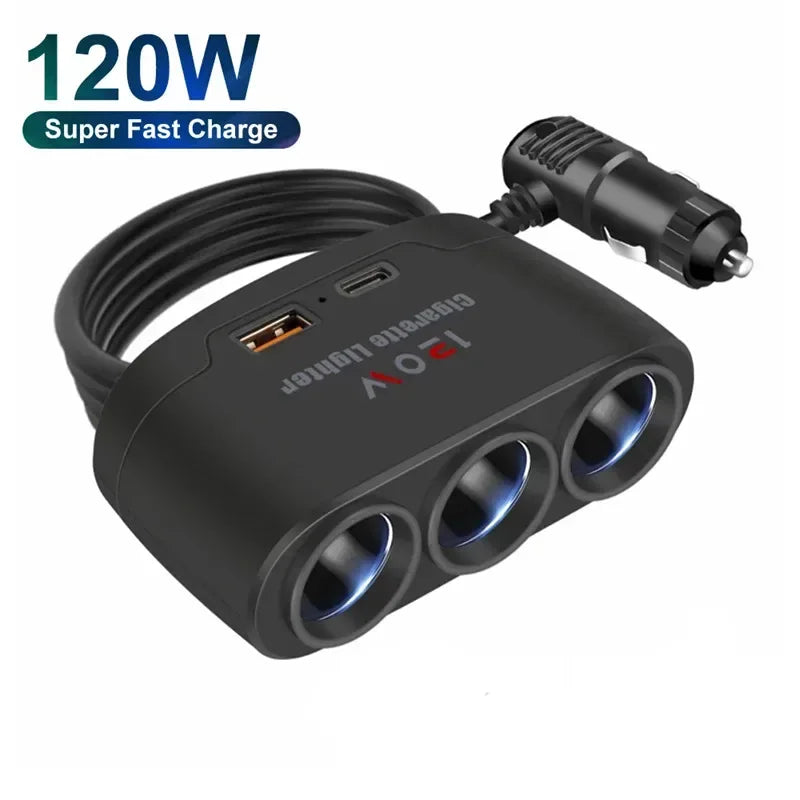 120W Car Charger Socket Splitter (3-in-1, USB-C + 12V Ports) - SteadyBuy