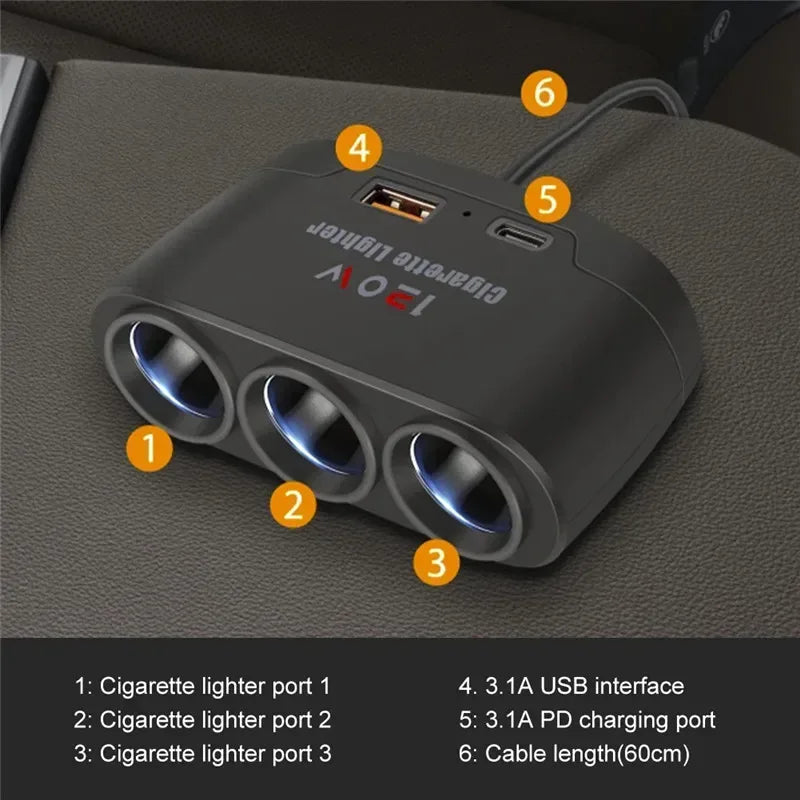 120W Car Charger Socket Splitter (3-in-1, USB-C + 12V Ports) - SteadyBuy