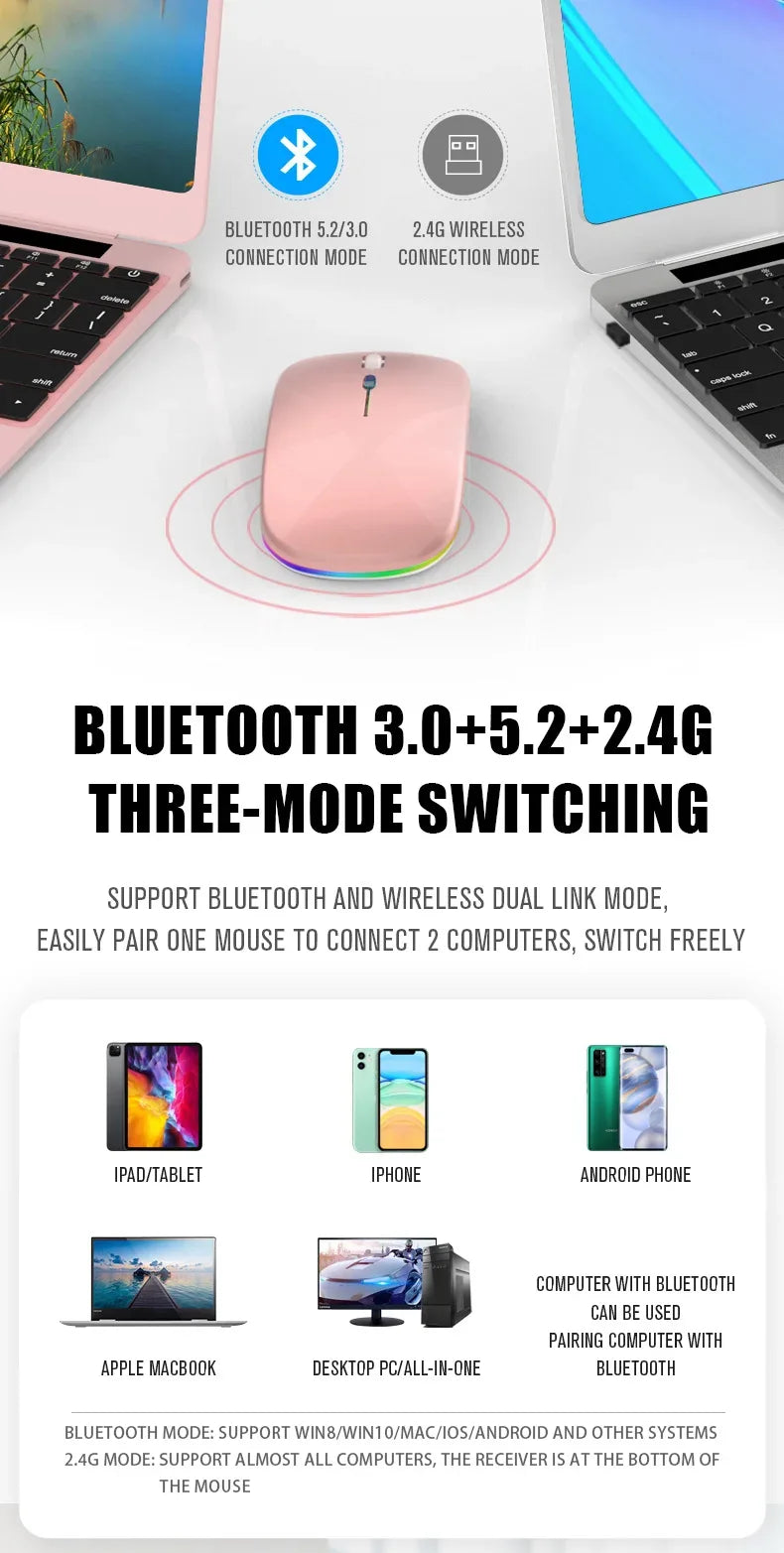 Rechargeable Bluetooth Wireless RGB Mouse 1600DPI - SteadyBuy