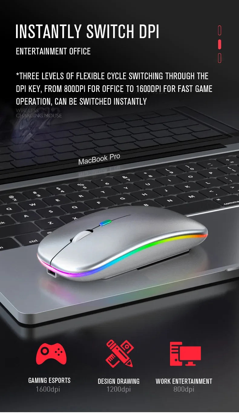 Rechargeable Bluetooth Wireless RGB Mouse 1600DPI - SteadyBuy