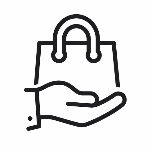 Three black icons on a white background: a hand holding a bag, a gear, and a check mark.